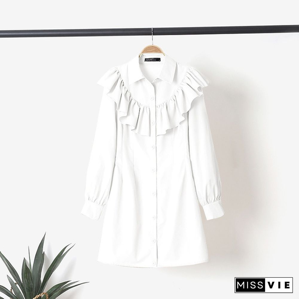 Women Long Sleeve Ruffle Trim Mini Shirt Dress