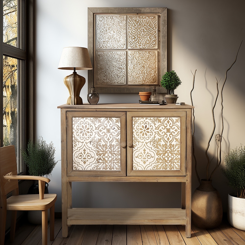 Rustic Natural Wood 2 Door Floral Storage Cabinet