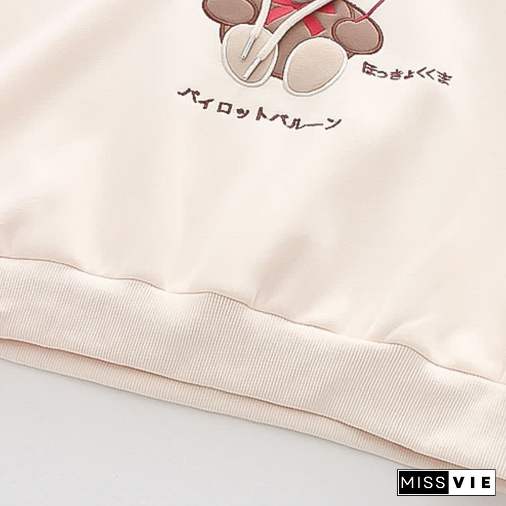 Cartoon Bear Embroidery Loose Plush Hoodie