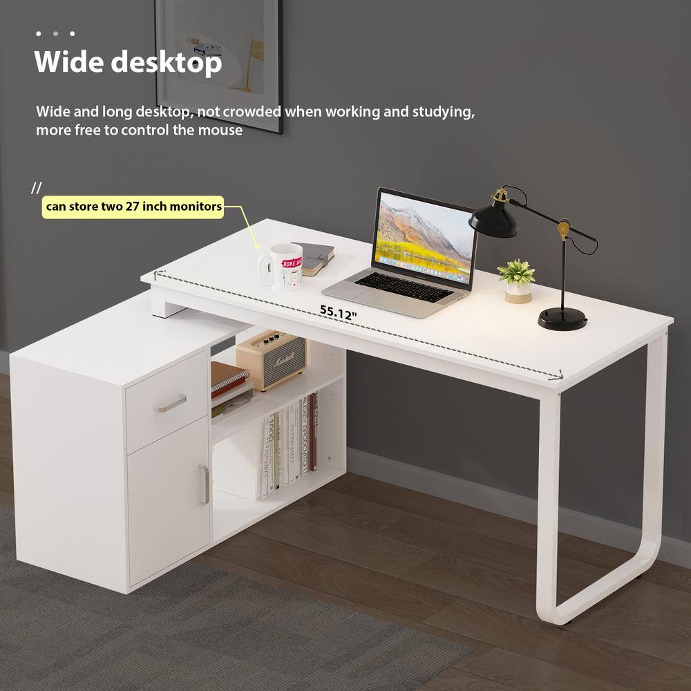 FUFUGAGA L-Shaped Wooden Computer Desk White Finish with 1 Drawer Open Shelves and Eco-Friendly Paint Finish 55.1 in. W LBB-KF210175-01