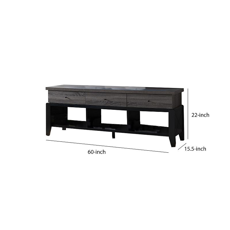 Wooden Frame TV Stand with 3 Drawers and 3 Open Compartments，Gray and Black