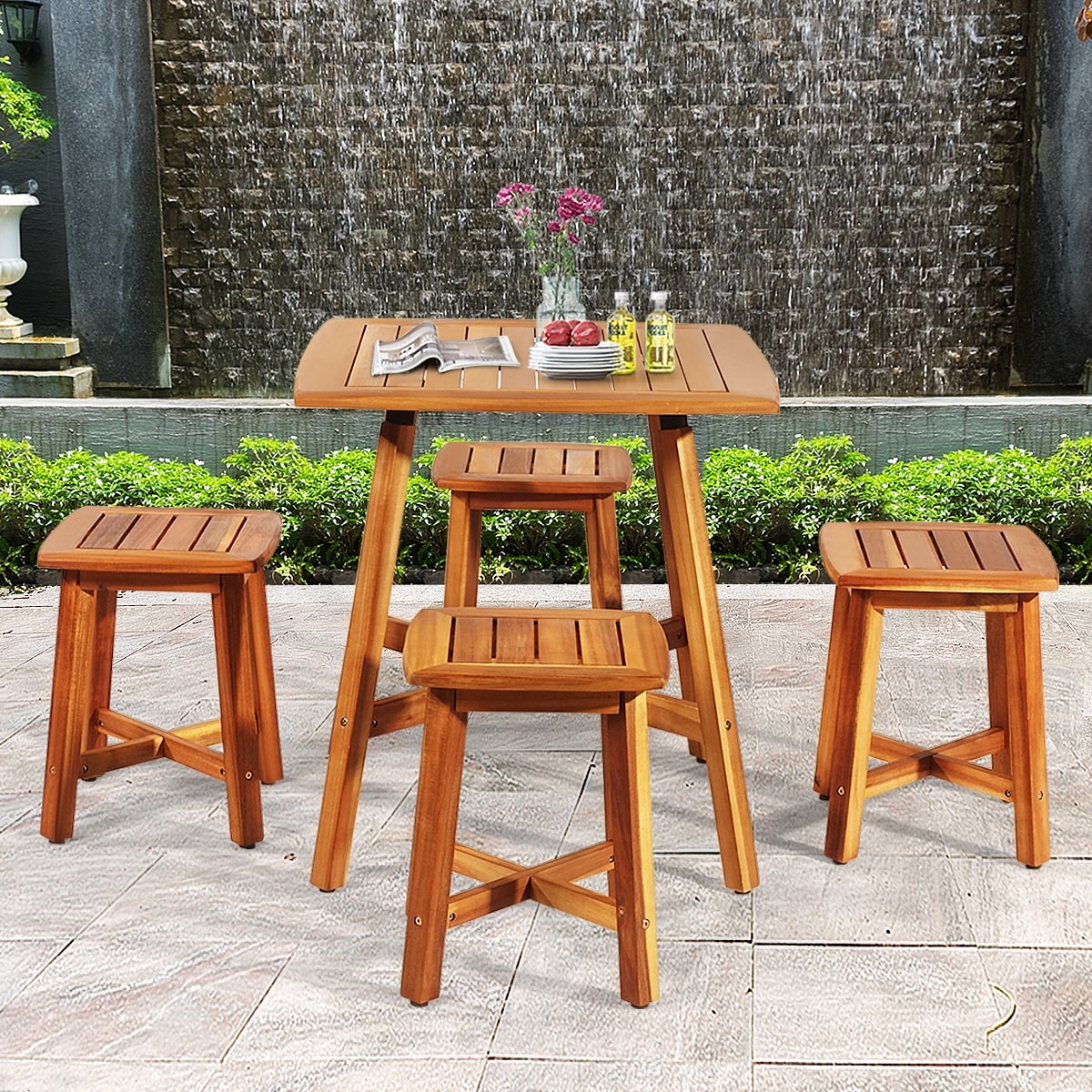 5 Pcs Acacia Wood Patio Dining Set with Square Table & 4 Stools, Outdoor Conversation Bistro Set