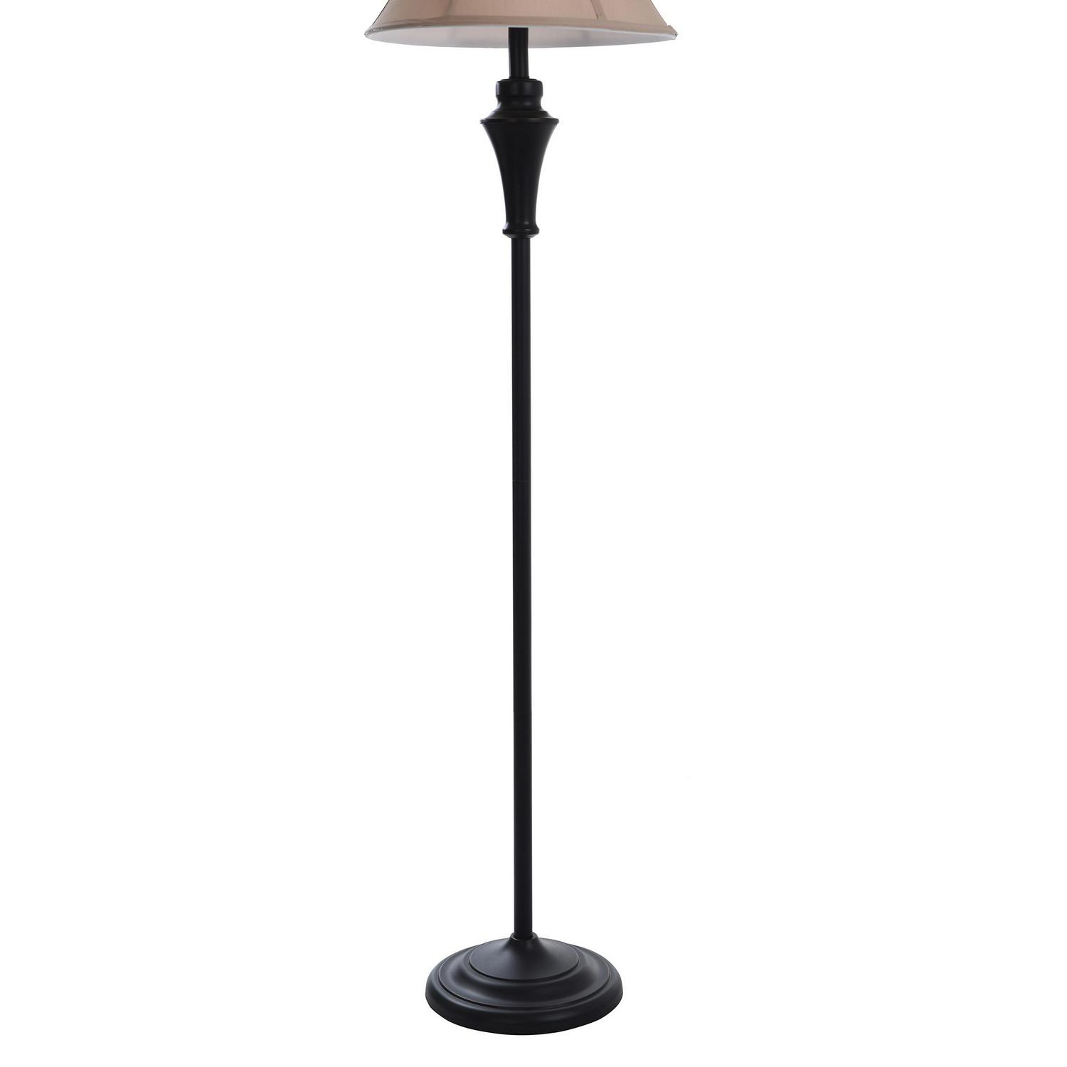 Floor Lamp/Table Lamp  Bronze Wood Finish  Geneva Taupe Fabric Shade  Set Of 3: 2 Table， 1 Floor