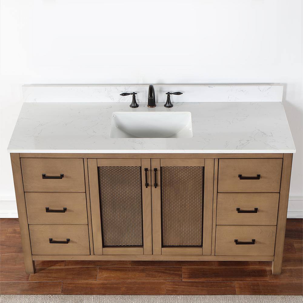 Altair Hadiya 60 in. W x 22 in. D x 34 in. H Bath Vanity in Brown Pine with Carrara White Composite Stone Top 542060S-BR-AW-NM