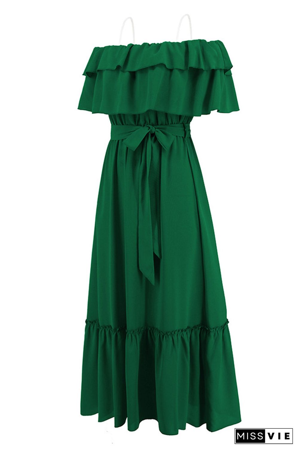 Plain Off Shoulder Ruffles Maxi Dress With Sash