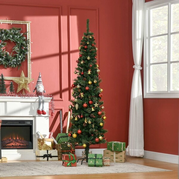 6.5FT Slim Pine Pencil Artificial Christmas Tree，Realistic Branches，Pine Cones，Metal Base