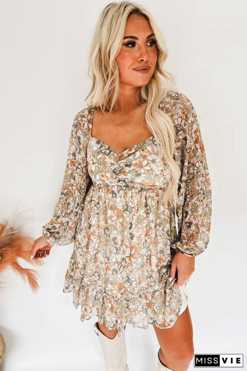 Floral Print Smocked Back Puff Sleeve Mini Dress