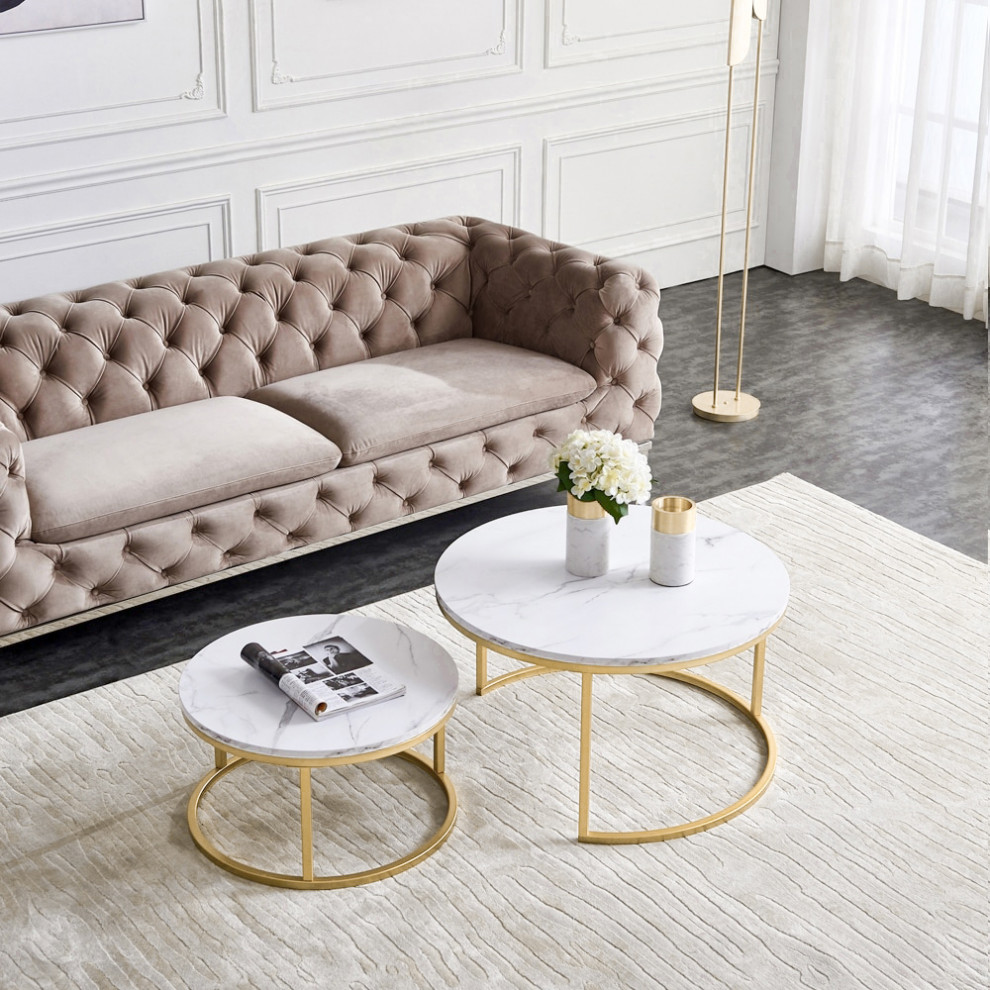 Modern Round Coffee Table Gold Metal  ampWhite Marble Accent Table with Set of 2   Contemporary   Coffee Table Sets   by Homary International Limited  Houzz