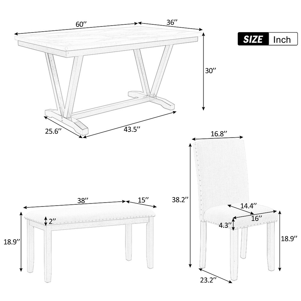 6 Piece White Dining Table Set with 4 Dining Chairs   Bench