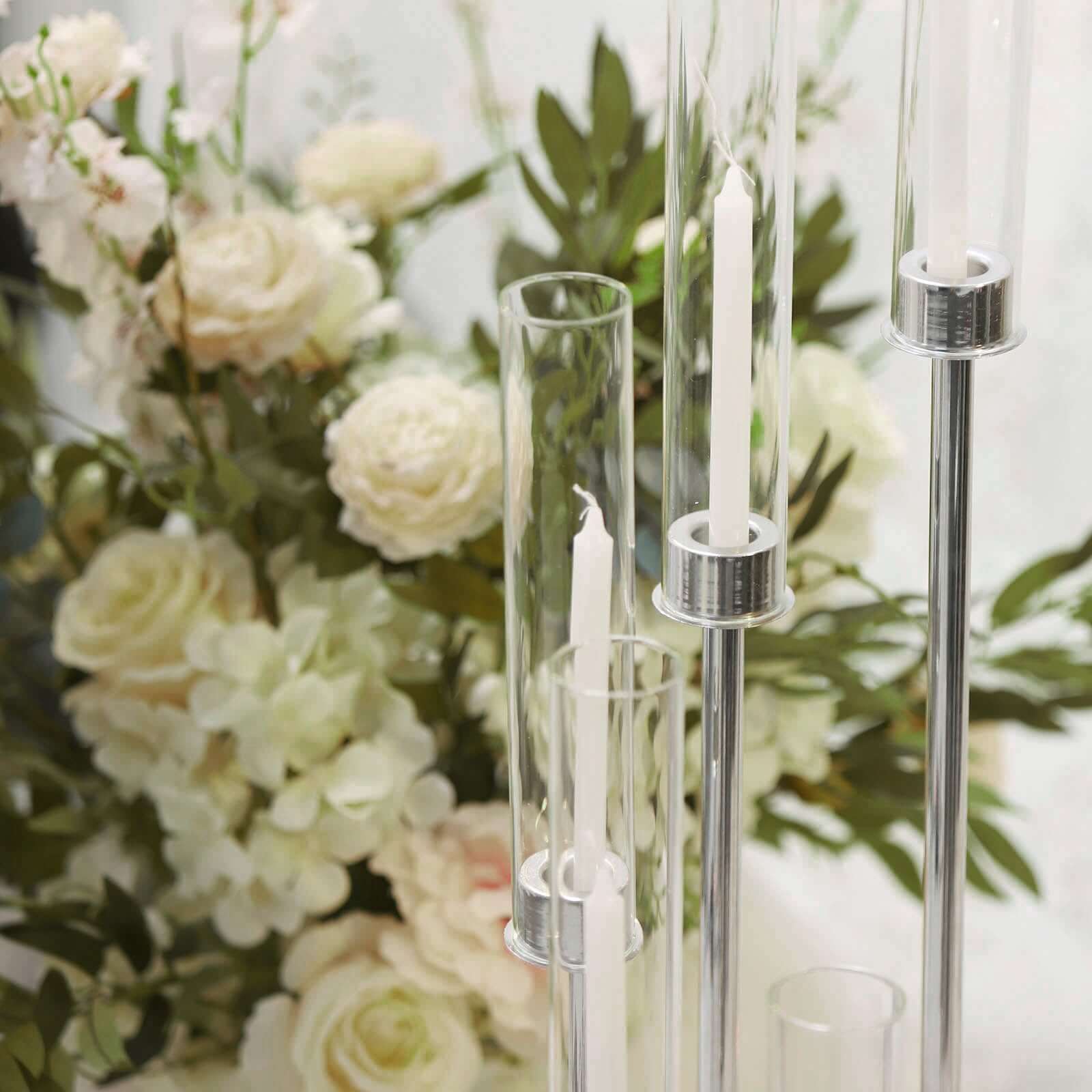 Silver 8 Arm Cluster Taper Candle Holder With Clear Glass Shades, Large Candle Arrangement 42