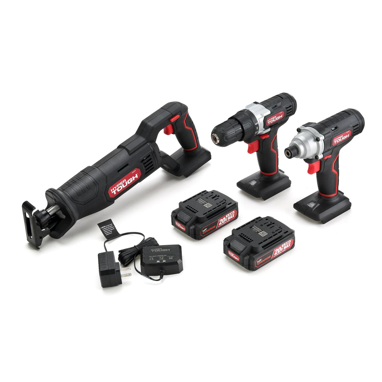 Hyper Tough 3 Tool Piece Set 20V Max Cordless Combo Kit with 3/8 inch Drill， 1/4 inch Impact Driver， Recip Saw with 2 1.5Ah Lithium-ion Batteries， Charger， Wood Blade， Built-in LED Light and Bag