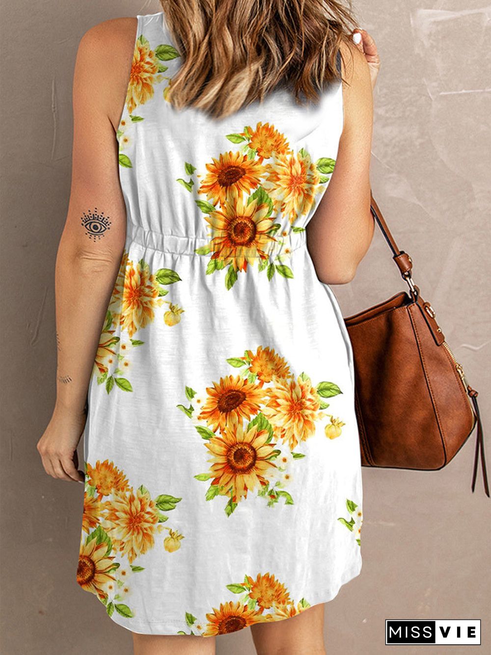 Women's Floral Printed Sleeveless V-neck Casual Loosen Midi Dress