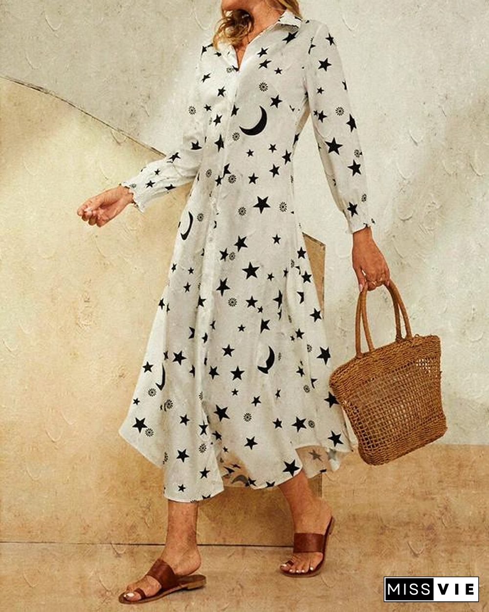 Leaves Print Lapel Button Long Sleeve Maxi Shirt Dress