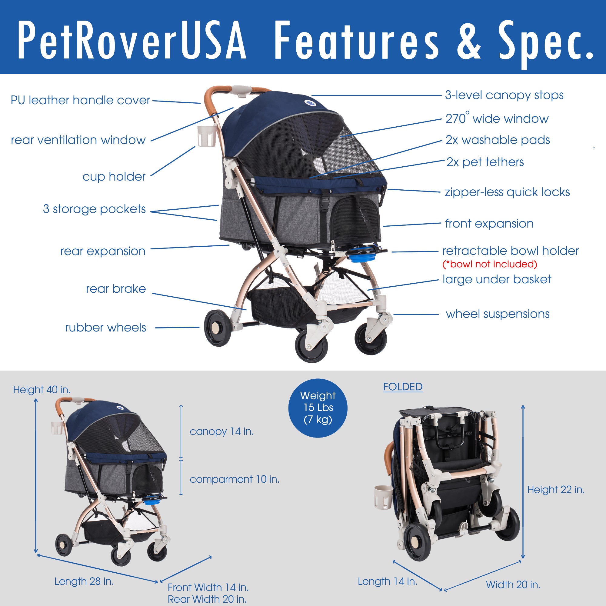 HPZ Pet Rover Lite Travel Dog， Cat and Pet Stroller， Navy Blue