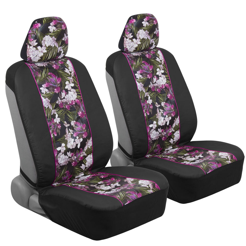 BDK Catalina Flower Seat Covers for Car SUV Truck - Sideless Seat Style Compatible with Armrest and Airbag - Universal Fit 2 Sets