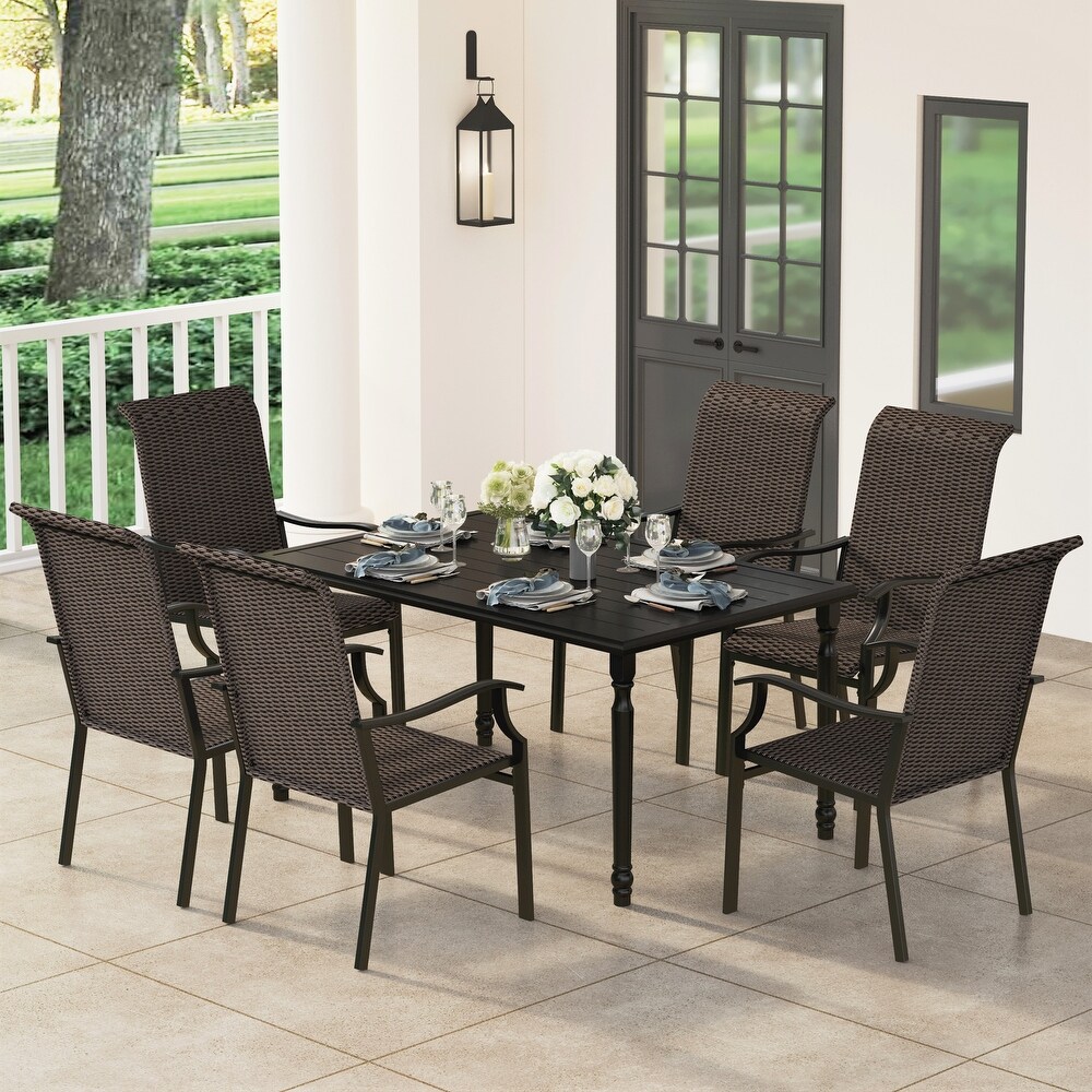 7 Pieces Patio Dining Set  6 High Rattan Dining Chairs and 1 Rectangle Metal Table