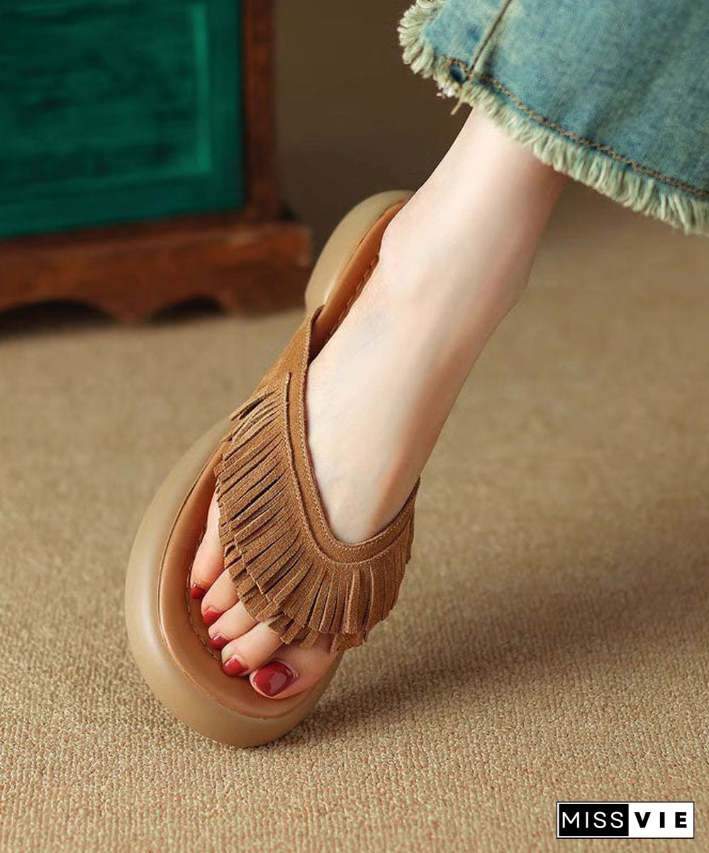 Brown Chunky Suede Boutique Tassel Splicing Slide Sandals