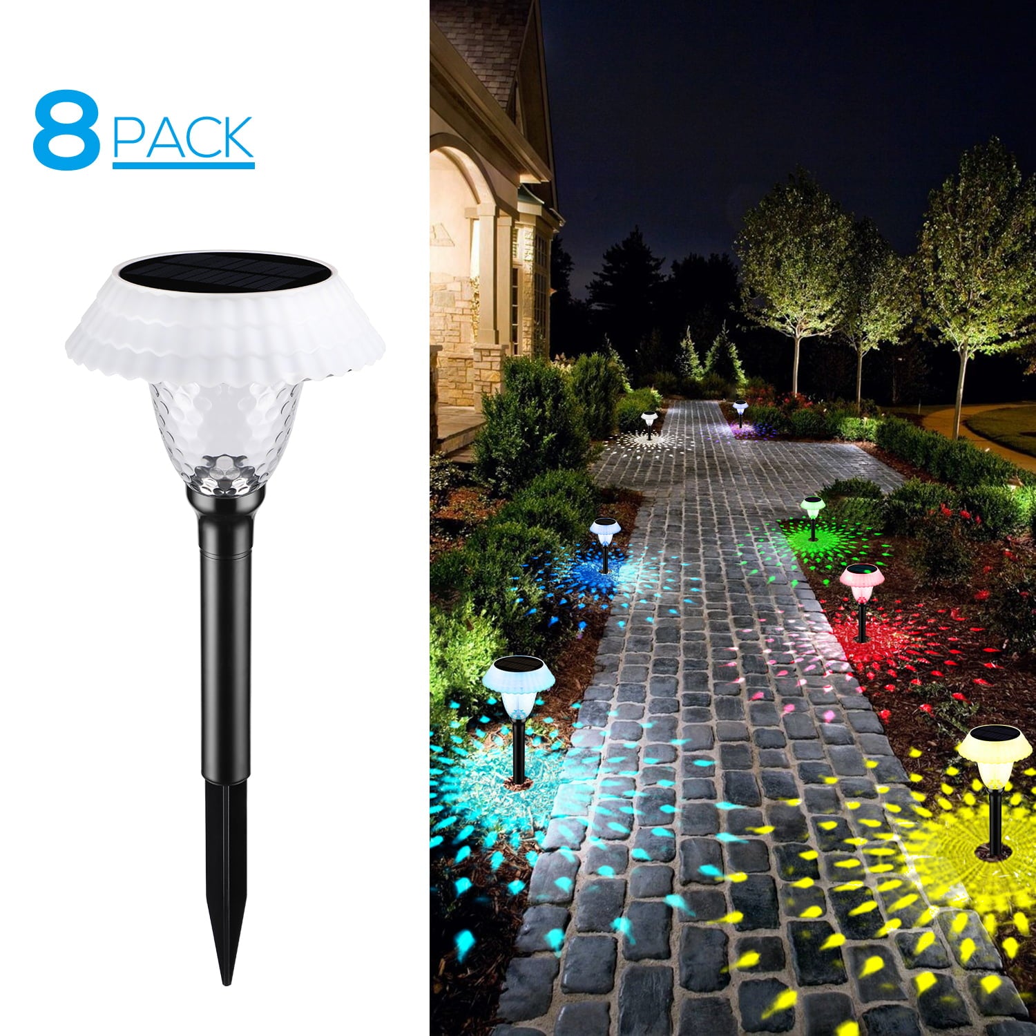 LEONLITE 8 Pack Solar Pathway Lights, Decorative Colorful Garden Light, 1200mA Battery Solar Path Lights, Solar Powered Garden Lights