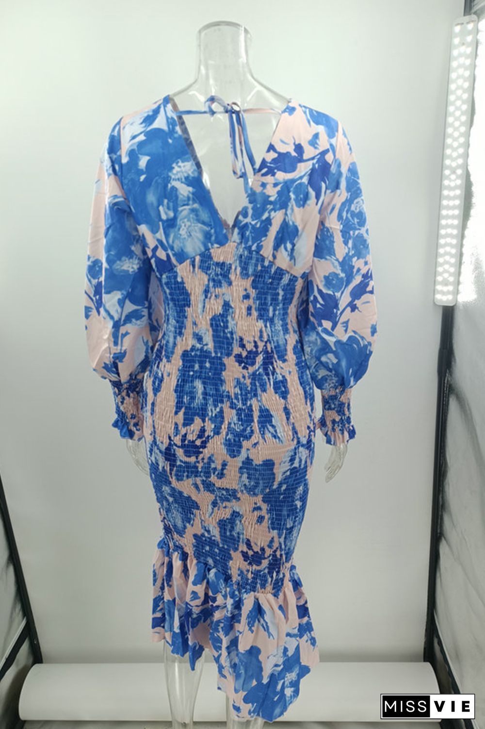 Deep V Neck Floral Print Balloon Sleeve Slim Dress