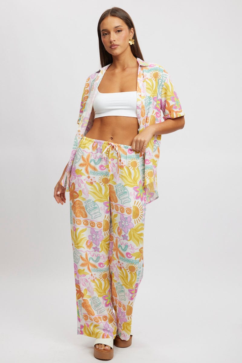 Multi Abstract Wide Leg Pants High Rise