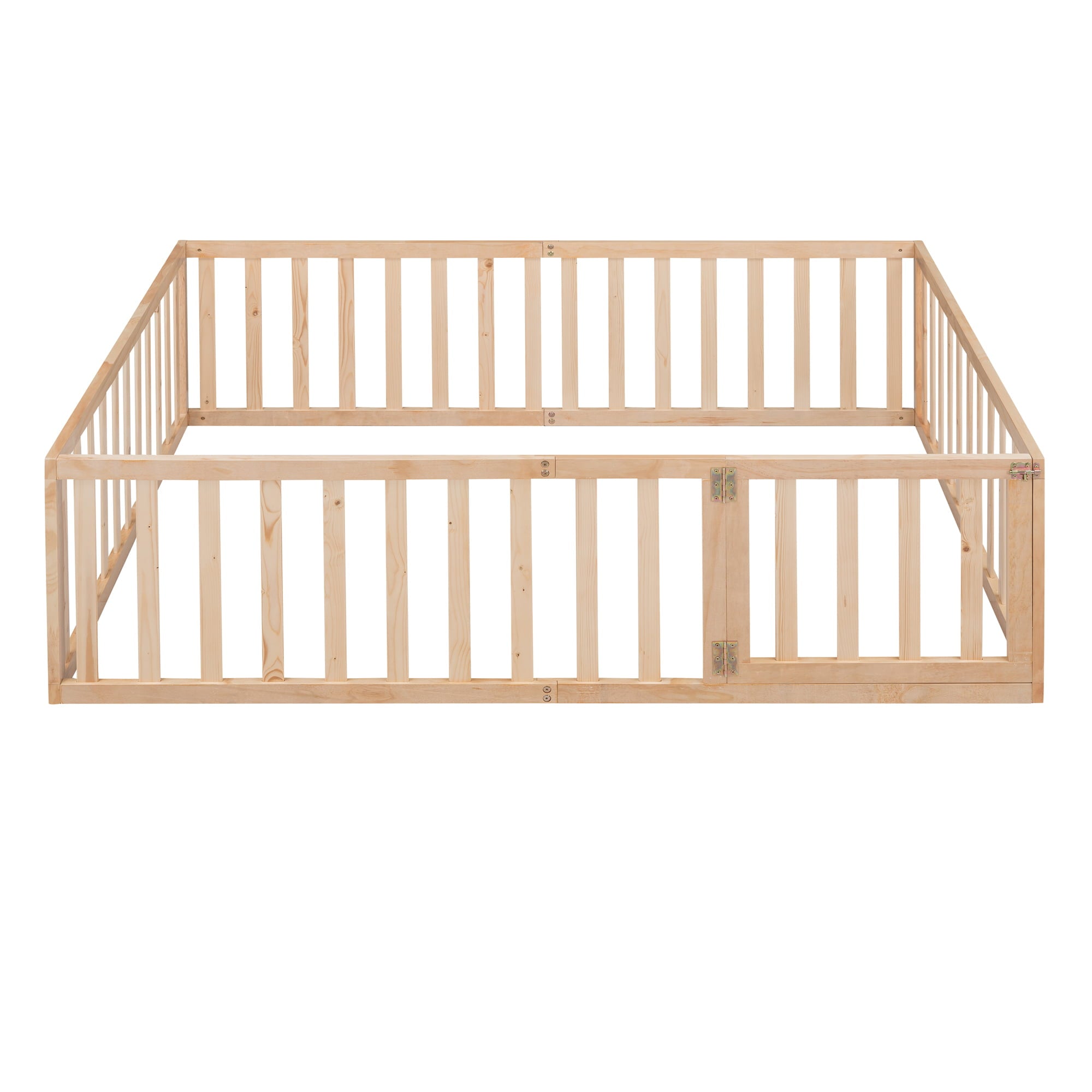 uhomepro Full Floor Bed Frame for Toddlers, Floor Kids Bed with Fence and Door, Low Wood Beds for Girls Boys, Natural