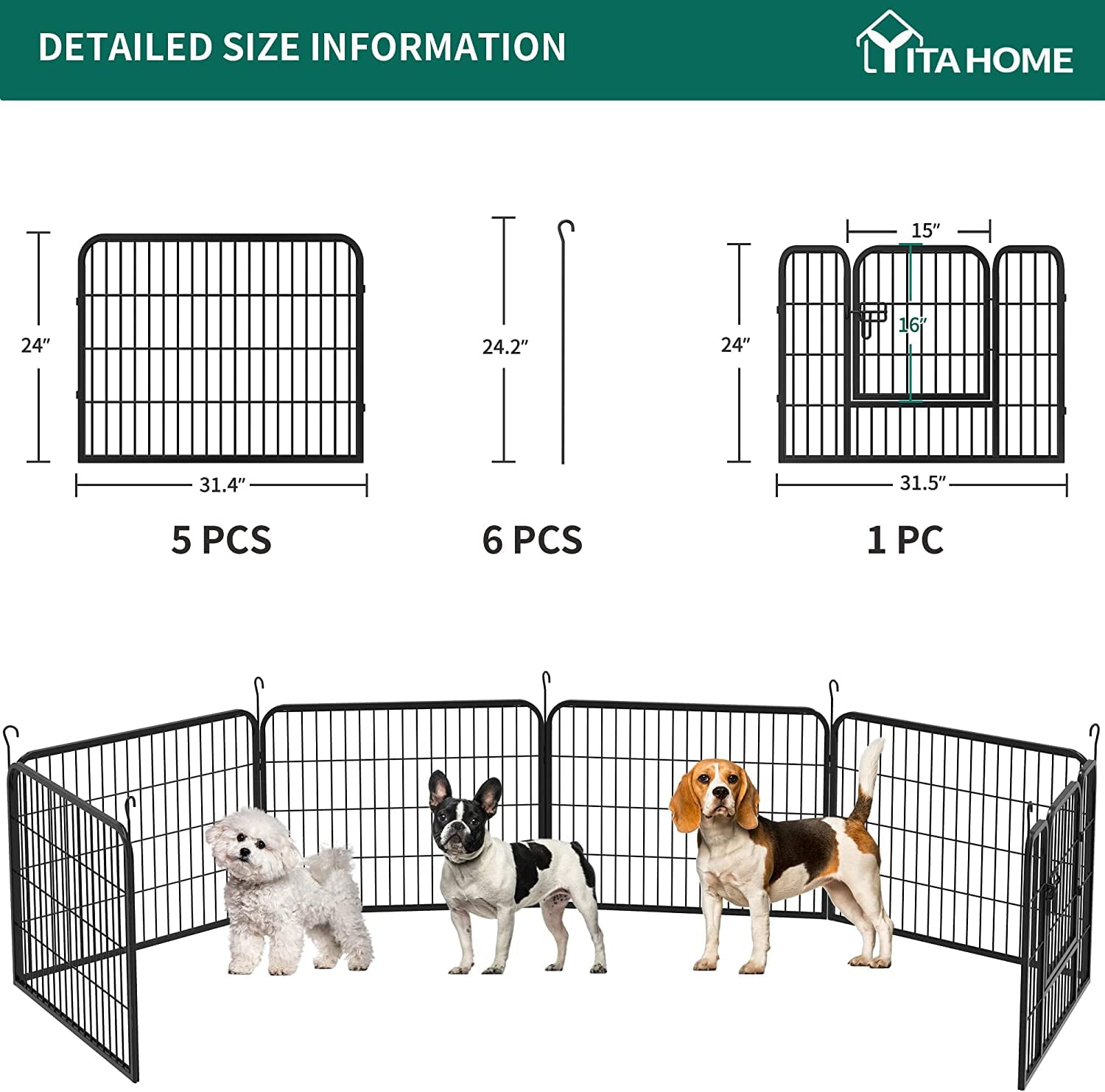 YITAHOME 6 Pcs Metal Panel Decorative Garden Fence 24 inch Tall Multi-Purpose Indoor and Outdoor Animal Barrier Pet Dog Fence with Door for Yard Patio