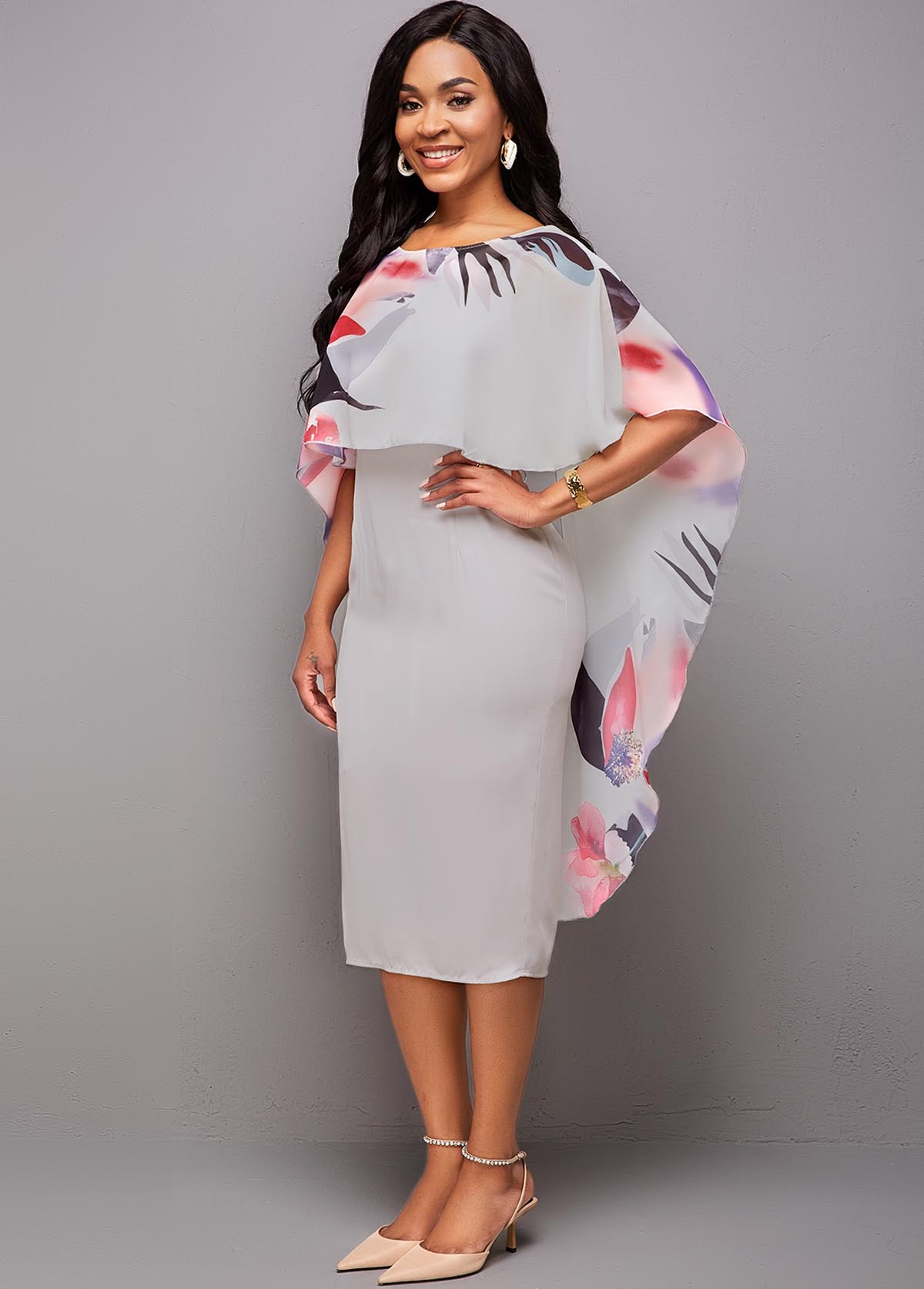 Floral Print 3/4 Sleeve Bodycon Dress