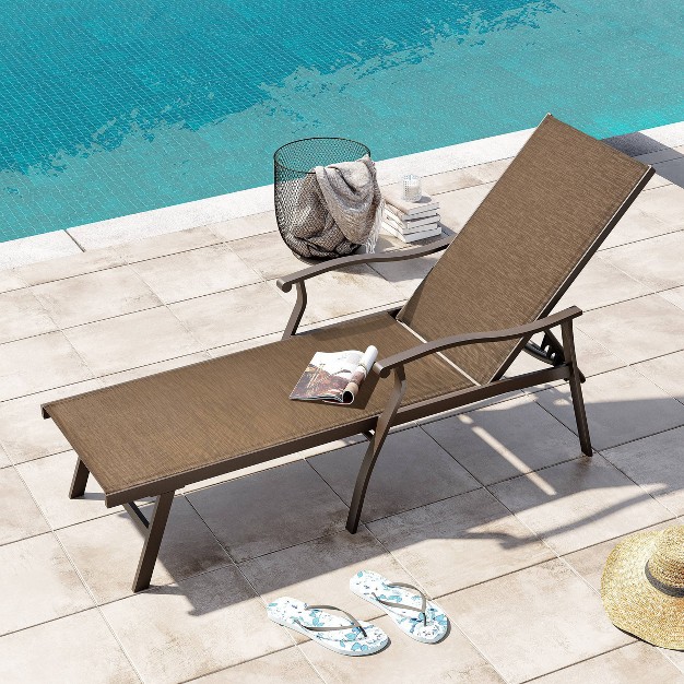 Outdoor Aluminum Adjustable Chaise Lounge Chair With Arms Brown Crestlive Products