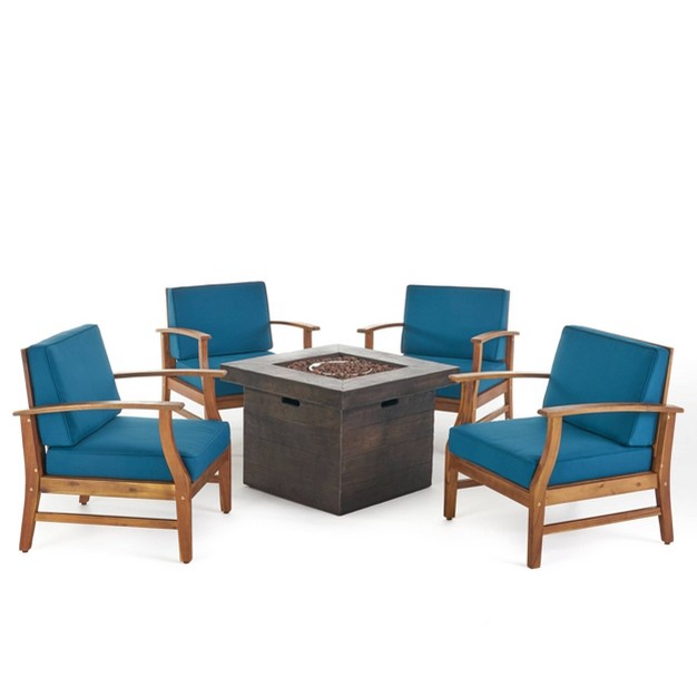 Kourtney 5pc Acacia Wood Club Chairs amp Fire Pit Teak blue brown Christopher Knight Home