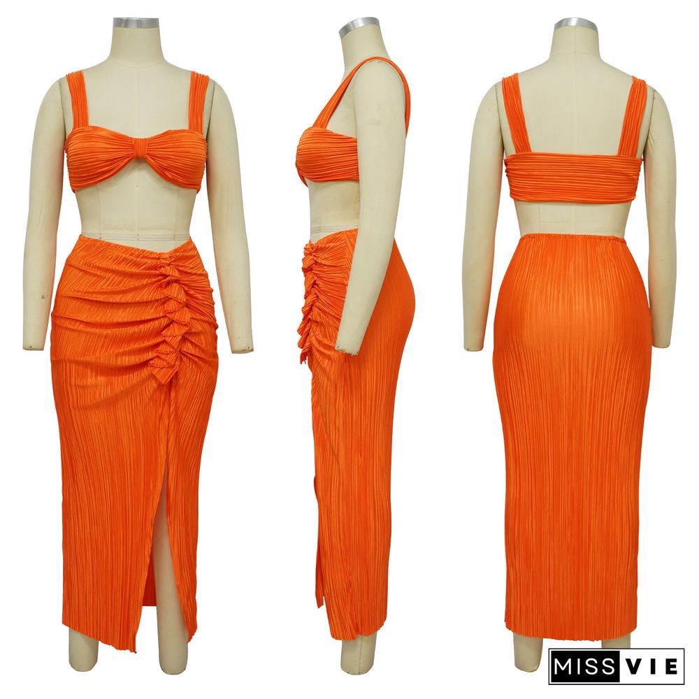 Pleated Sexy Backless Crop Tops High Slit Skirt Sets