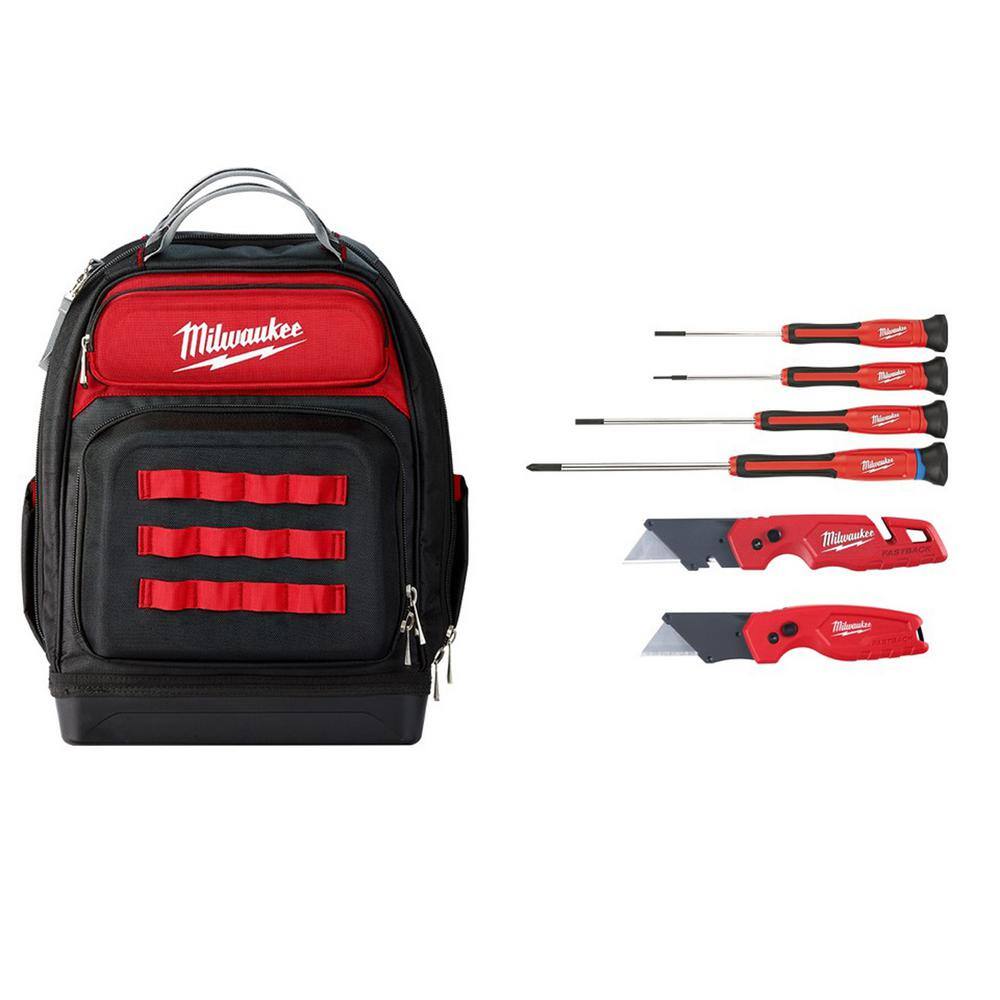 MW Ultimate Jobsite 15 in. Backpack with 4-Piece Precision Screwdriver Set and FASTBACK Folding Utility Knives (7-Piece) 48-22-2604-48-22-8201-48-22-1503