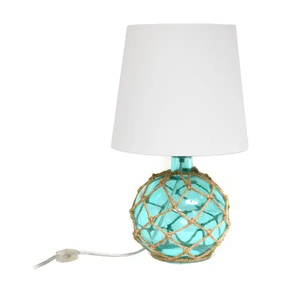 Elegant Designs Buoy Rope Nautical Netted Coastal Ocean Sea Glass Table Lamp with White Fabric Shade， Aqua - 9(L)9(W)14.75(H)