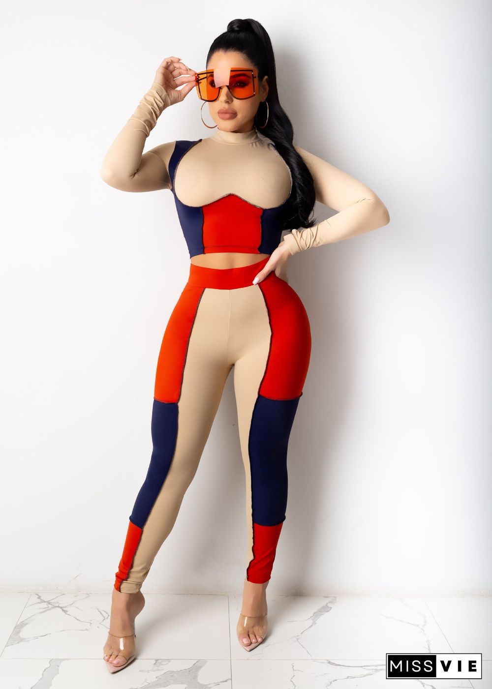 Color Block Stitching Long Sleeve Crop Top Bodycon Pants Outfit