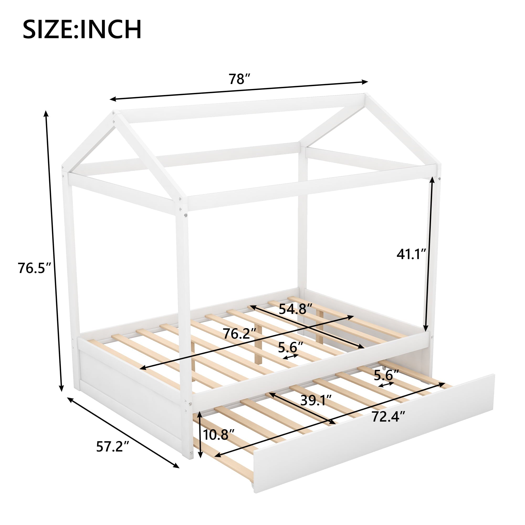 Pine Wood Full Size Beach House Bed With Trundle for Kids Bedroom, White