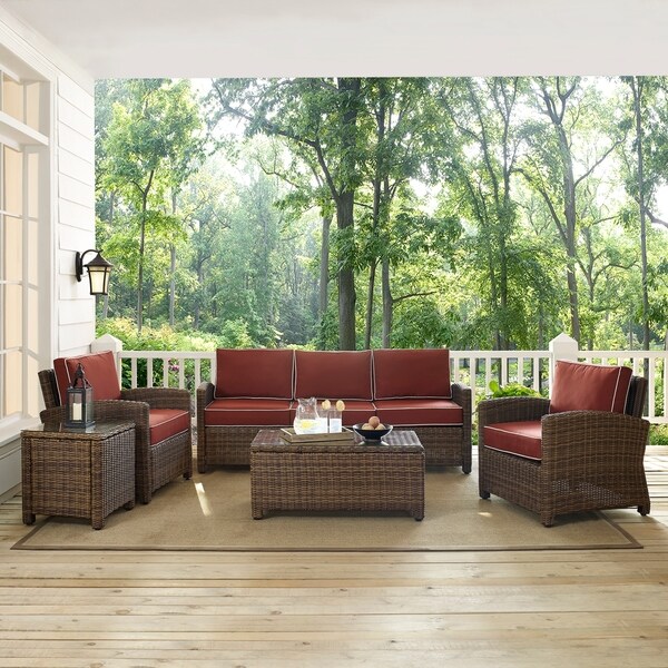 Crosley Bradenton Outdoor Wicker 5Piece Sofa Set with Sangria Cushions