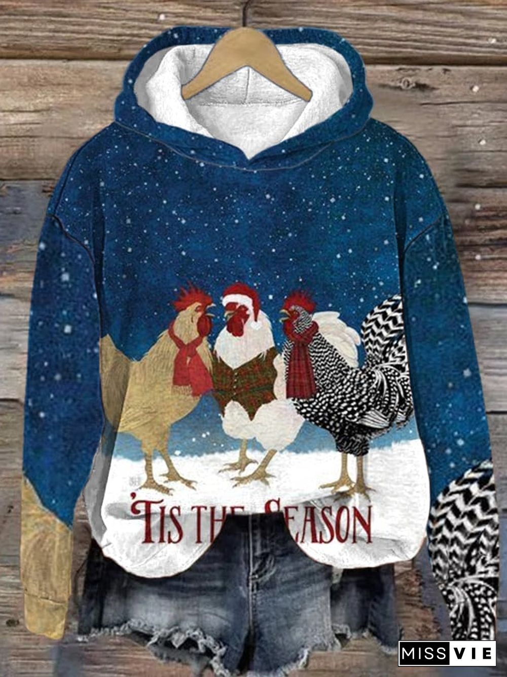 Women's Funny Christmas Tis The Season Chicken Print Hoodie