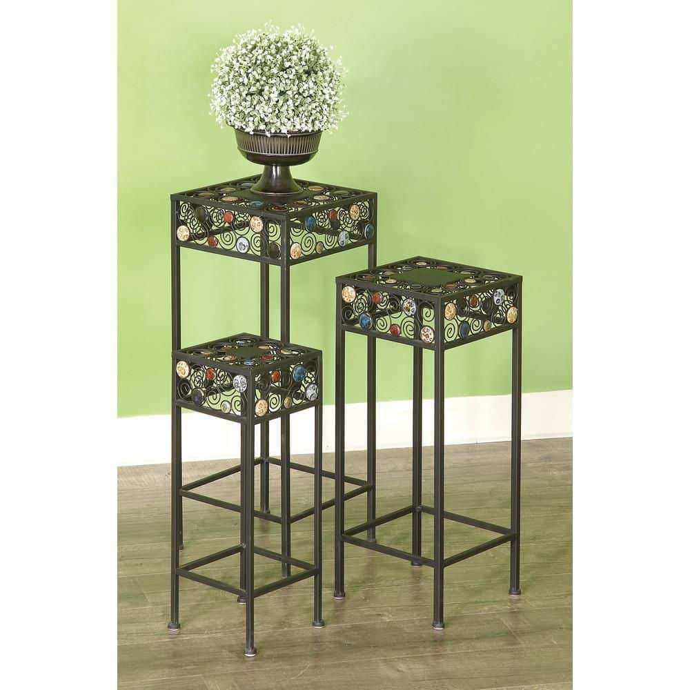 Litton Lane Large Black Metal Scroll Jeweled 3 Tier Plantstand (Set of 3) 61531