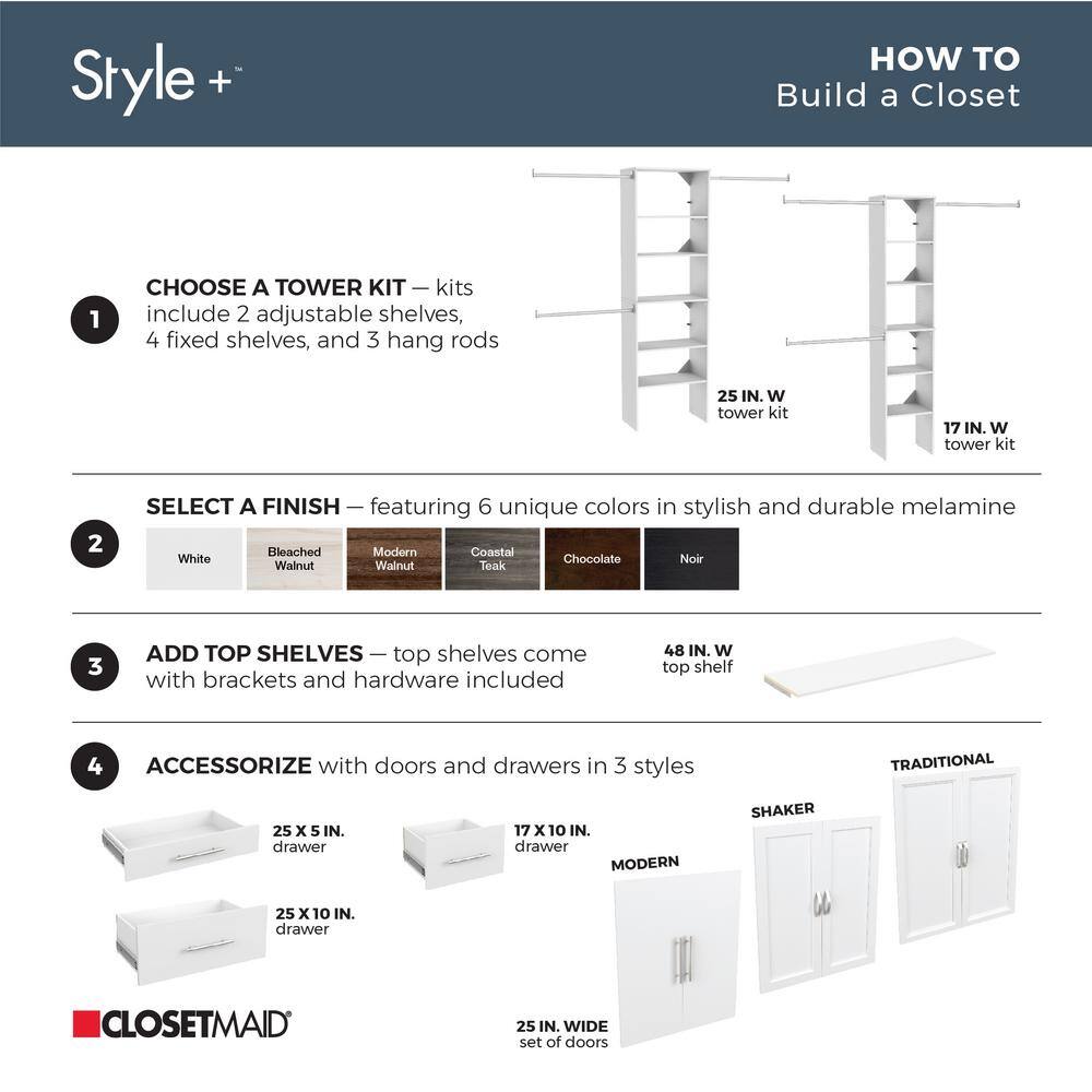 ClosetMaid Style+ 72 in. W - 113 in. W Bleached Walnut Narrow Wood Closet System 4361