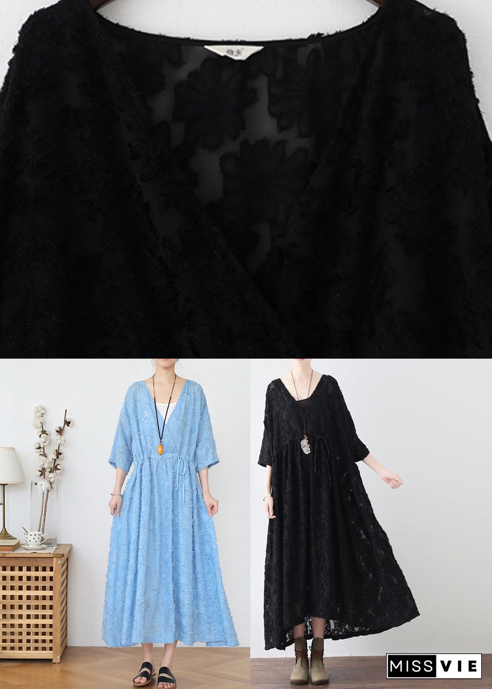 Classy Blue V Neck Cinched Hollow Out Chiffon Maxi Dress Long Sleeve