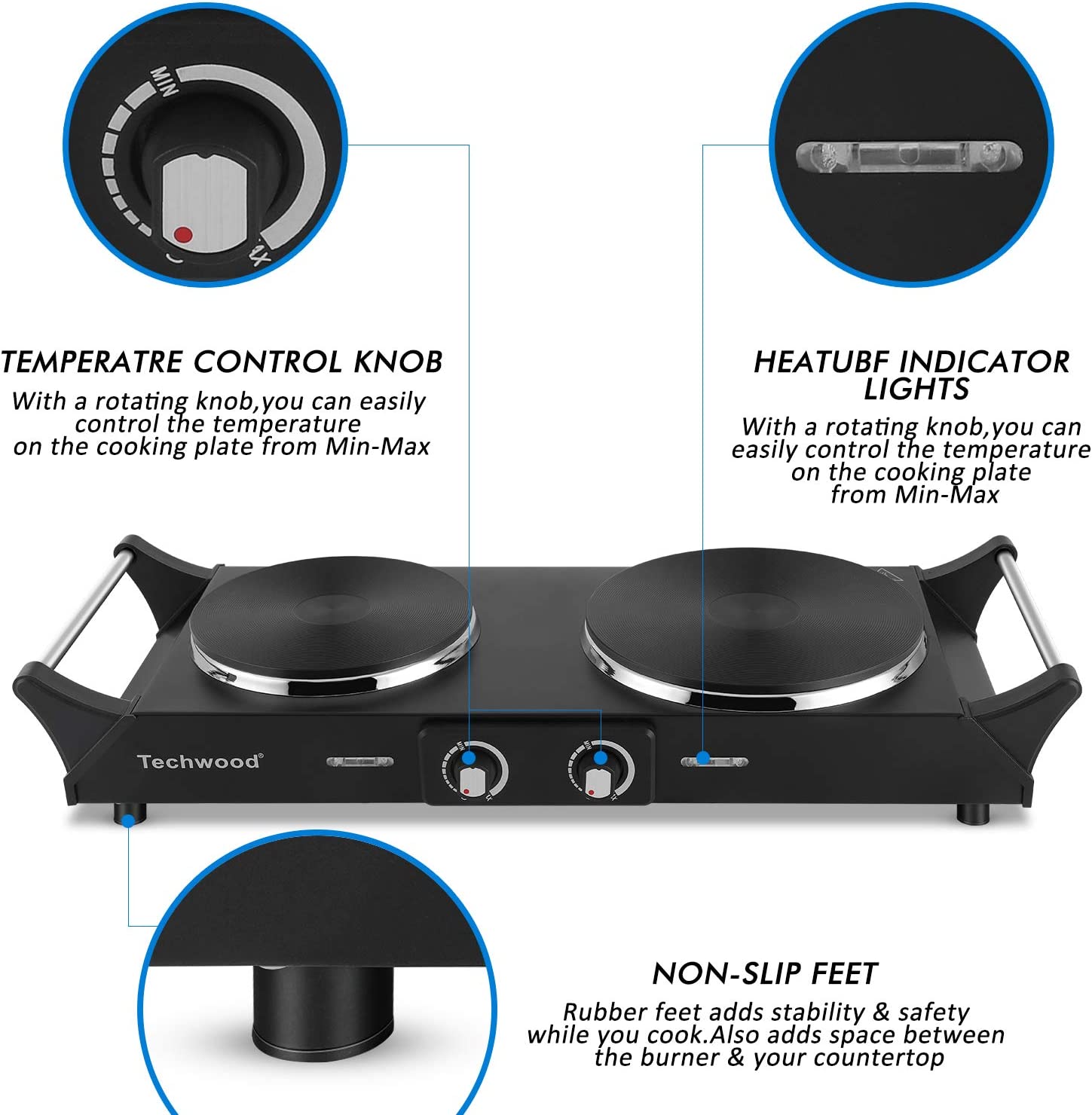 Techwood 1800W Hot Plate Portable Electric Stove Countertop Double Burner， Compatible for All Cookwares， 7.5” Cooktop