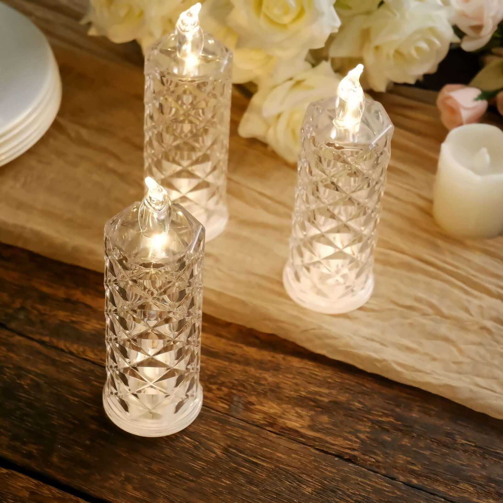 3 Pack Warm White LED Rose Halo Battery Operated Candle Lamps, Acrylic Diamond Pillar Flameless Candle Light 6