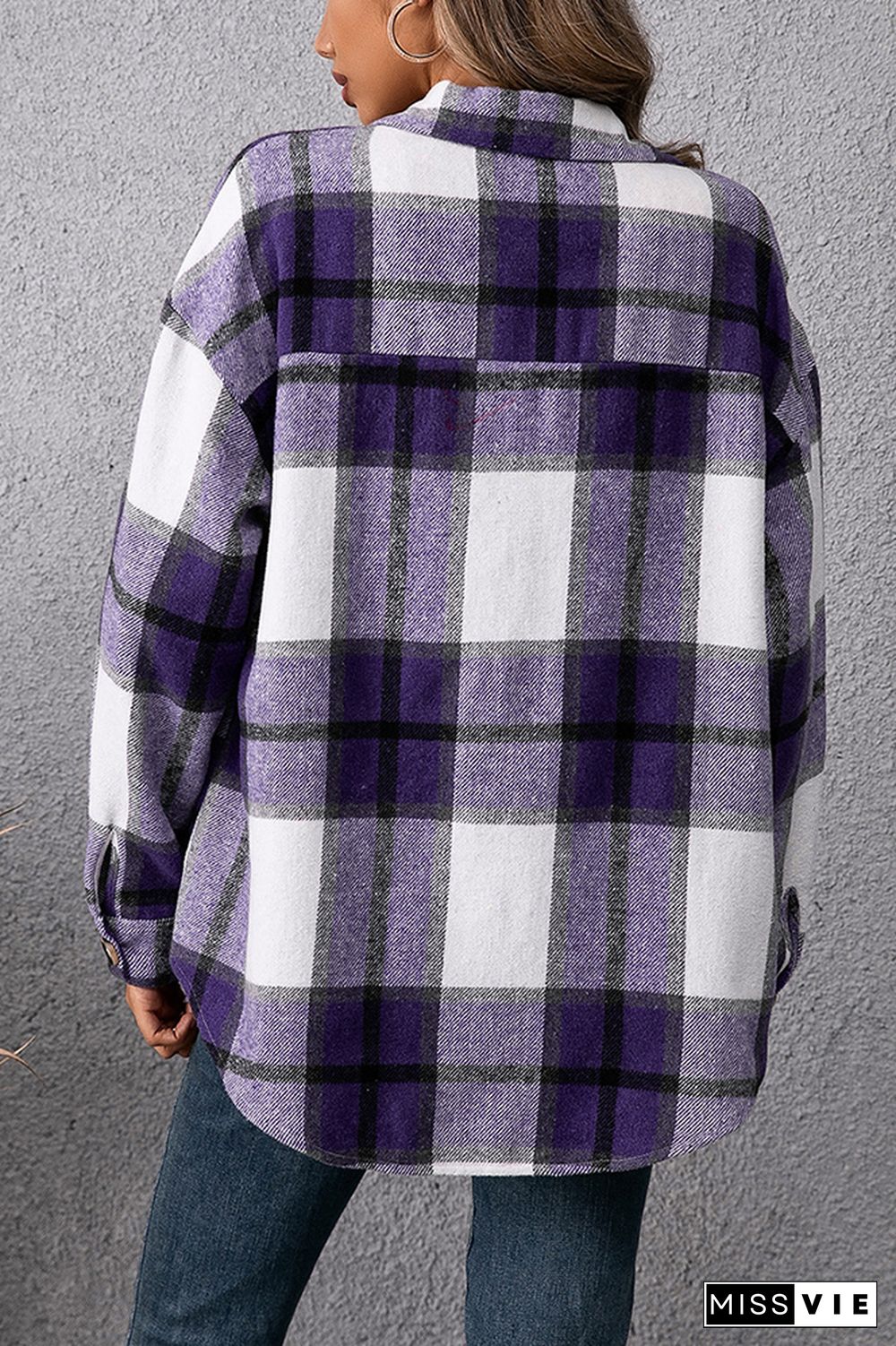 Plaid Double Pockets Turn-down Collar Shacket Jacket Women Wholesale