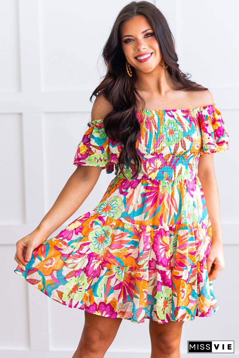 Multicolor Boho Off-shoulder Smocked Tiered Floral Dress