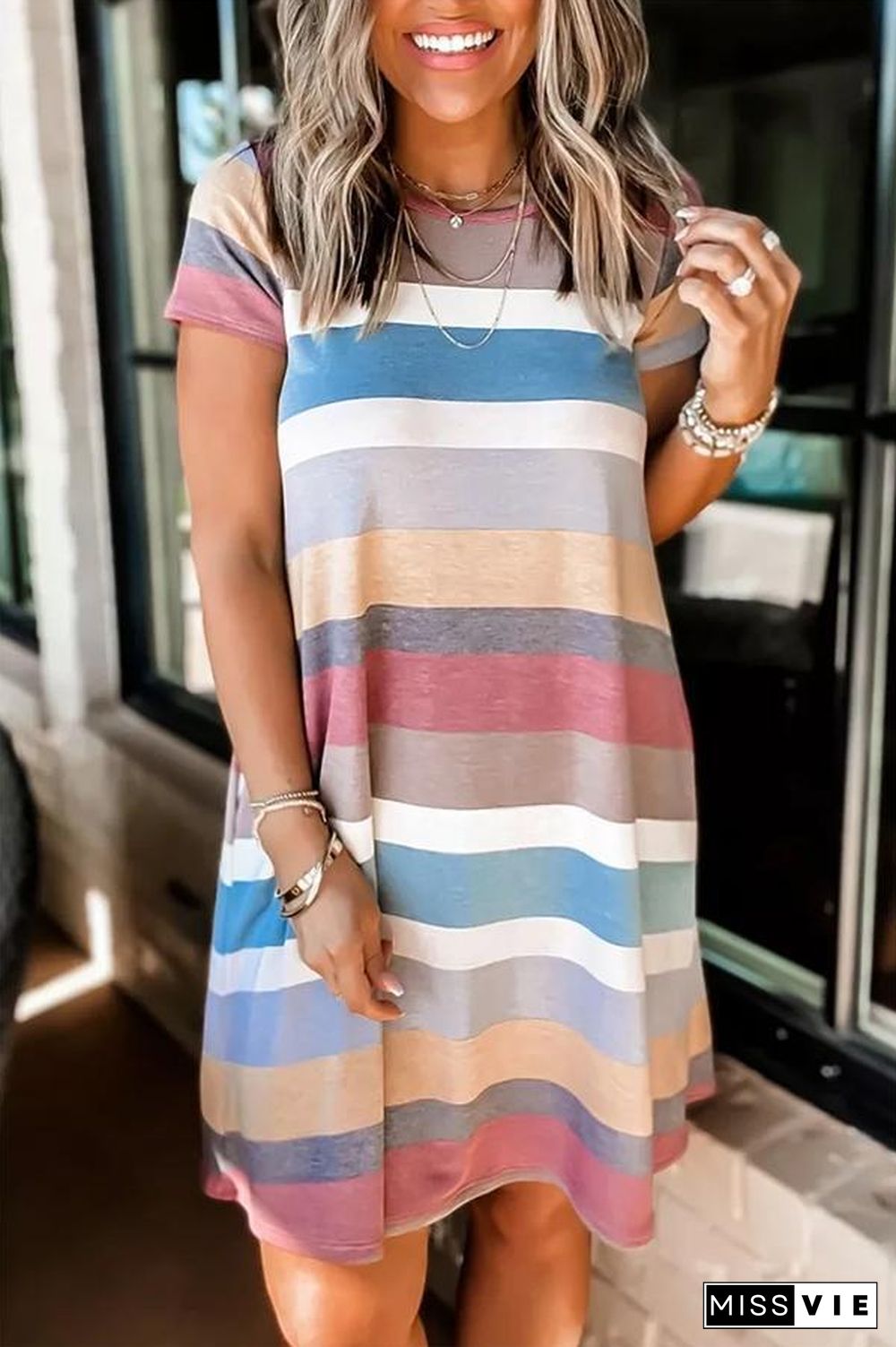 Casual Short Sleeve Striped Mini Dress P10601