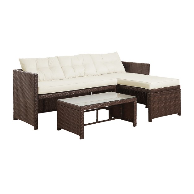 Teamson Home Outdoor 3 piece Rattan Patio Set With Loveseat Chaise Lounge Table Brown white