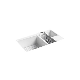 KOHLER Riverby Undermount Cast Iron 33 in. 5-Hole Double Bowl Kitchen Sink Kit in White K-8669-5UA3-0