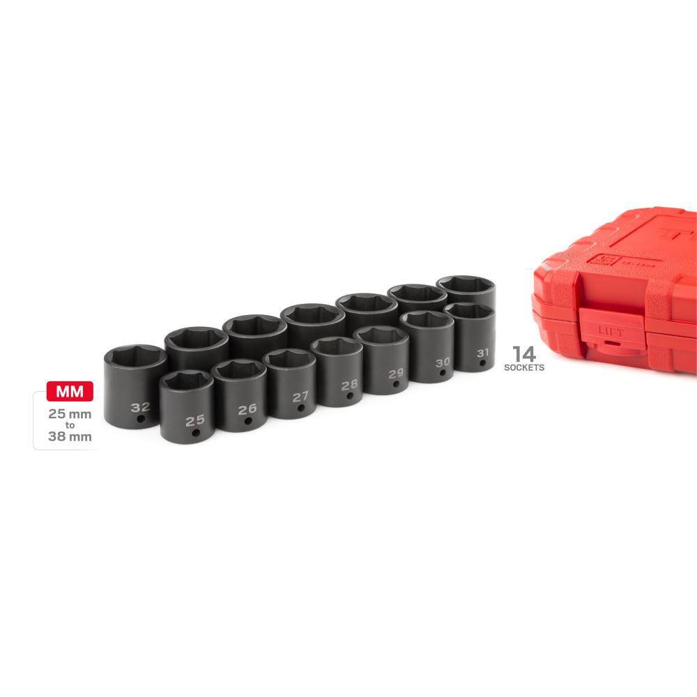 TEKTON SID92325 25 mm to 38 mm 1/2 in. Drive 6-Point Impact Socket Set (14-Piece)