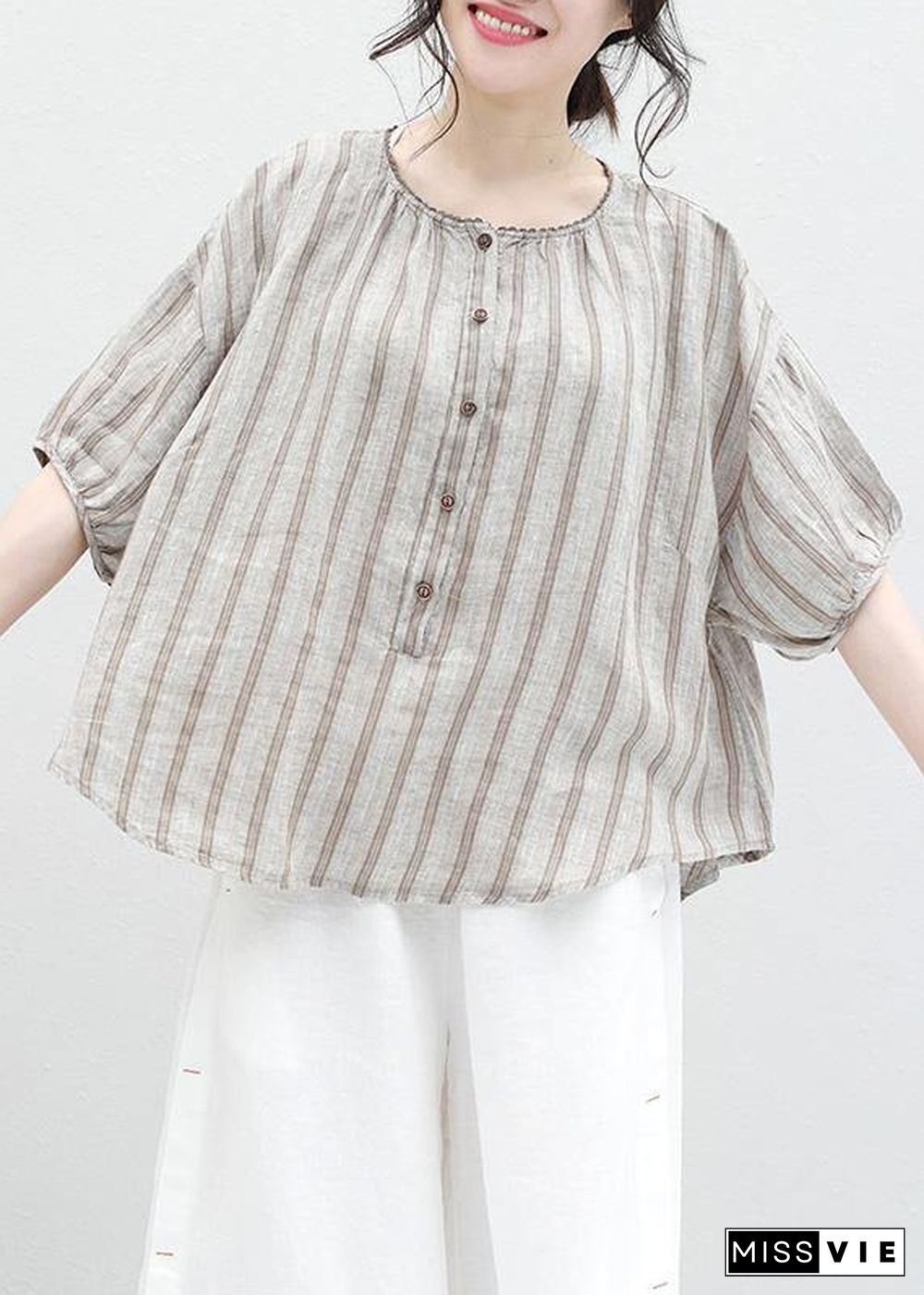 French half sleeve linen Blouse Sewing summer shirt khaki striped