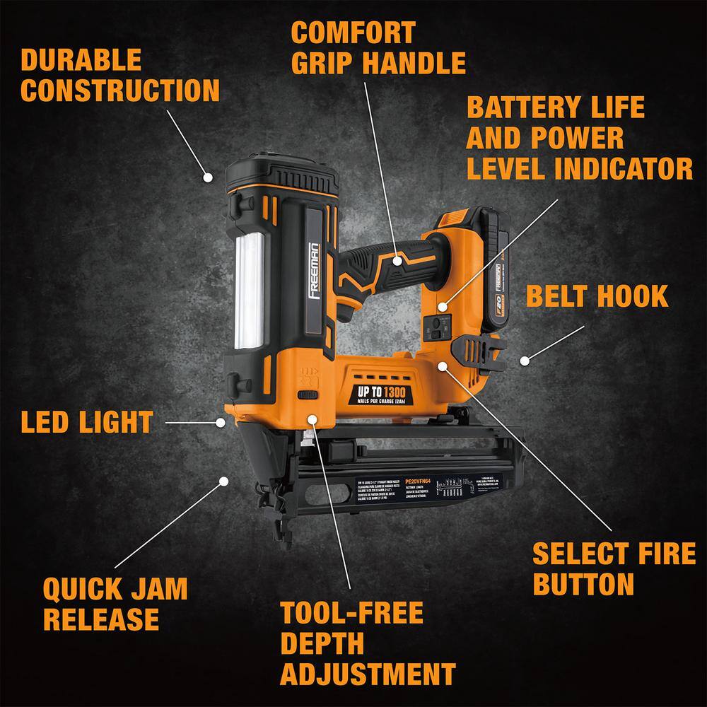 Freeman 20-Volt Cordless 16-Gauge 2-12 in. Straight Finish Nailer Kit with Fasteners (200-Count) - 1300 Shots per Charge PE20VFN64