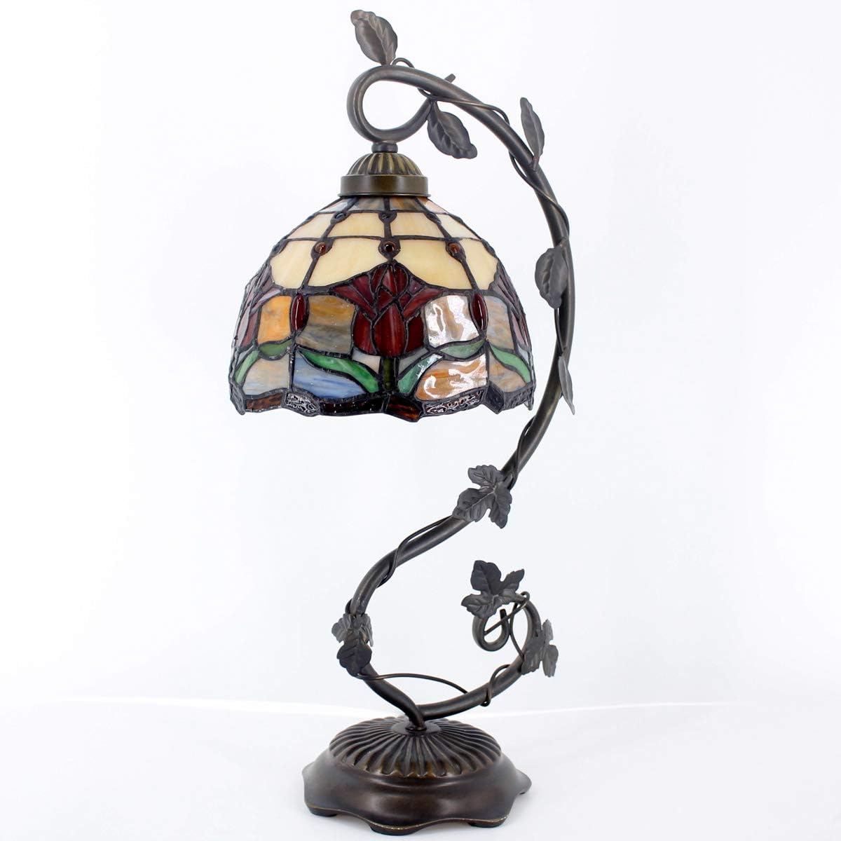 GEDUBIUBOO  Lamp Red Stained Glass Tulip Table Lamp  Metal Leaf Base 8X10X21 Inches Reading Desk Light Decor Small Space Bedroom  Office S030 Series